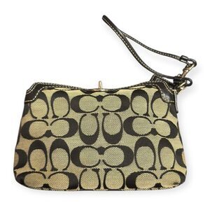 Coach Jacquard Signature C Turn Lock Medium Wristlet Beige Brown Mini Bag Purse